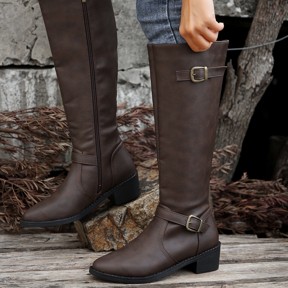 Women's boots Square heel high knight boots belt buckle Solid color boots for women_voghion.com