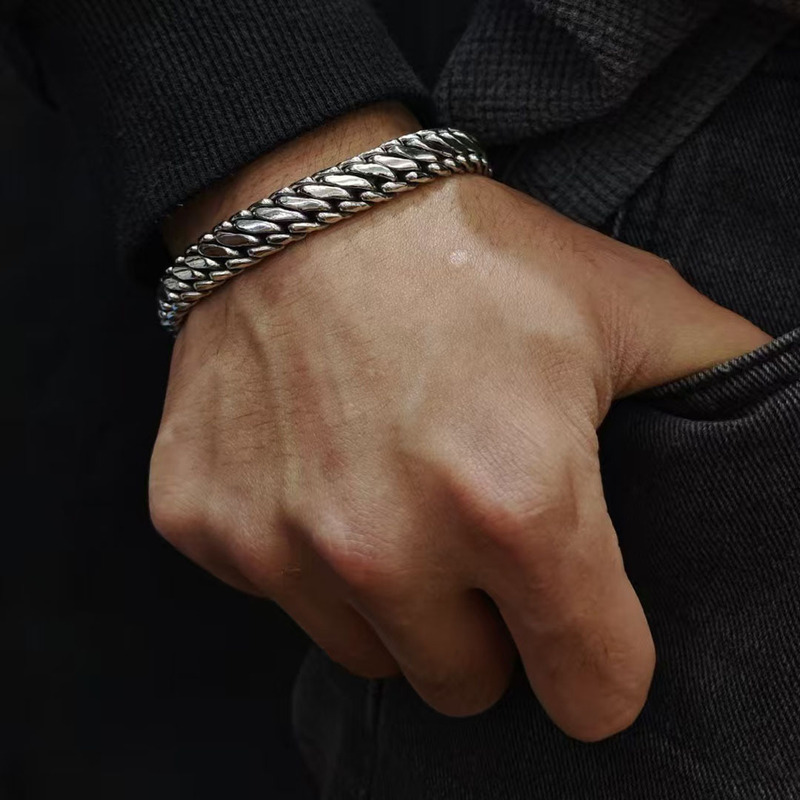 [Three Horse Whip Bracelet] S925 Sterling Silver Punk Personality Trendy Men's Fashion Sense of Power Burst Gown Woven Bracelet