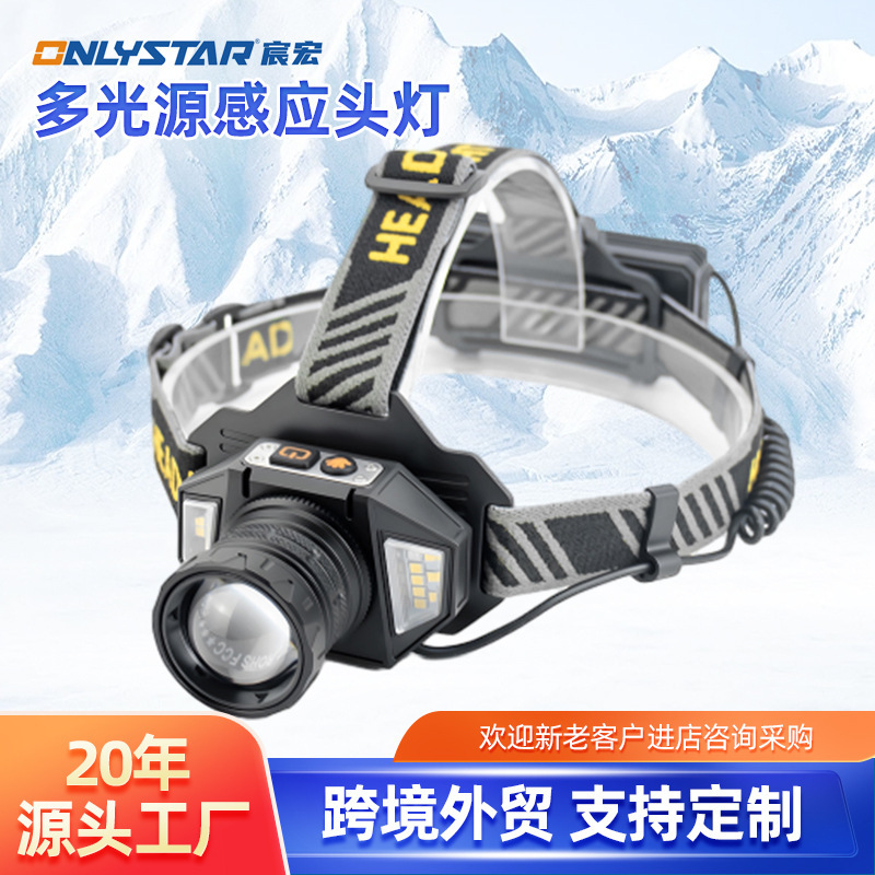 New night fishing dual light source strong light long-range led telescopic zoom white laser outdoor camping charging induction headlight