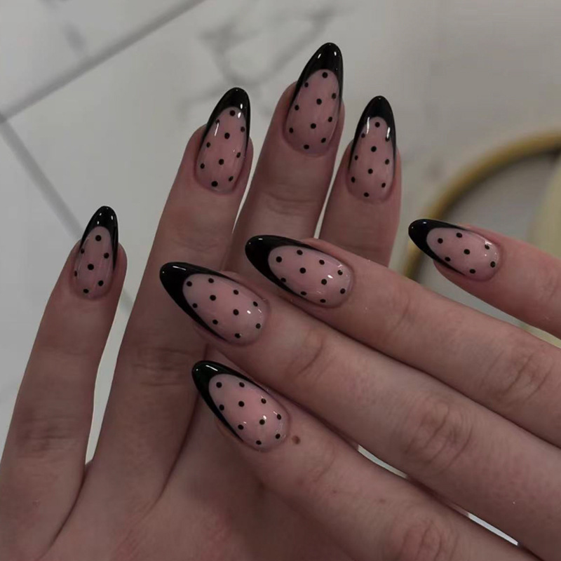 Simple French-Style Black Press-On Nails with Black Polka Dots, Popular Cross-Border Almond-Shaped Nail Tips Simple French-Style Black Press-On Nails with Black Polka Dots, Popular Cross-Border Almond-Shaped Nail Tips