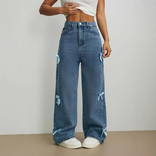 Cross-border Amazon Y2K street style hot girl bow tie washed jeans loose straight leg wide-leg pants JEANS