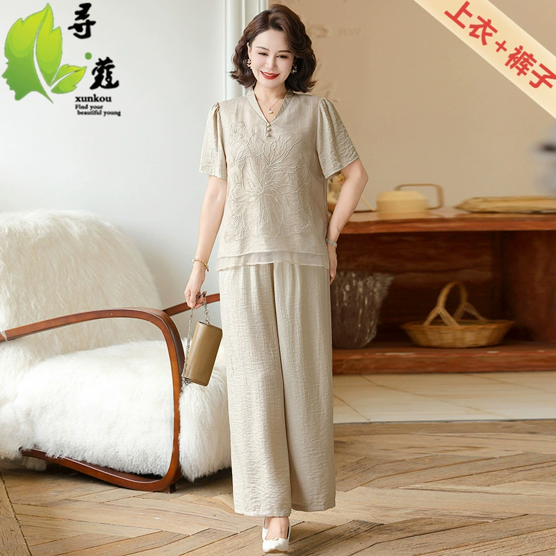 Новый стильный летний тонкий комплект из двух предметов для женщин среднего и пожилого возраста для тещ.