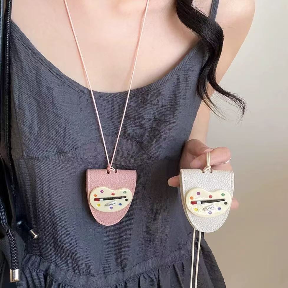 Cuero divertido lindo y divertido disco de pintura collar clip de gafas halter monedero largo bolso de almacenamiento portátil anti-pérdida