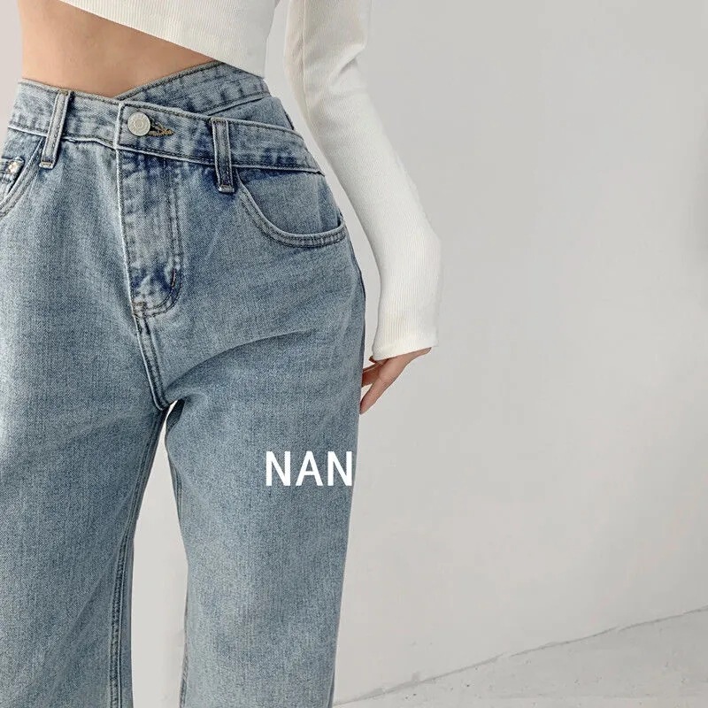 Hyun-A with the same design feeling cross waist straight jeans women's spring and summer high waist jeans hanging down trousers