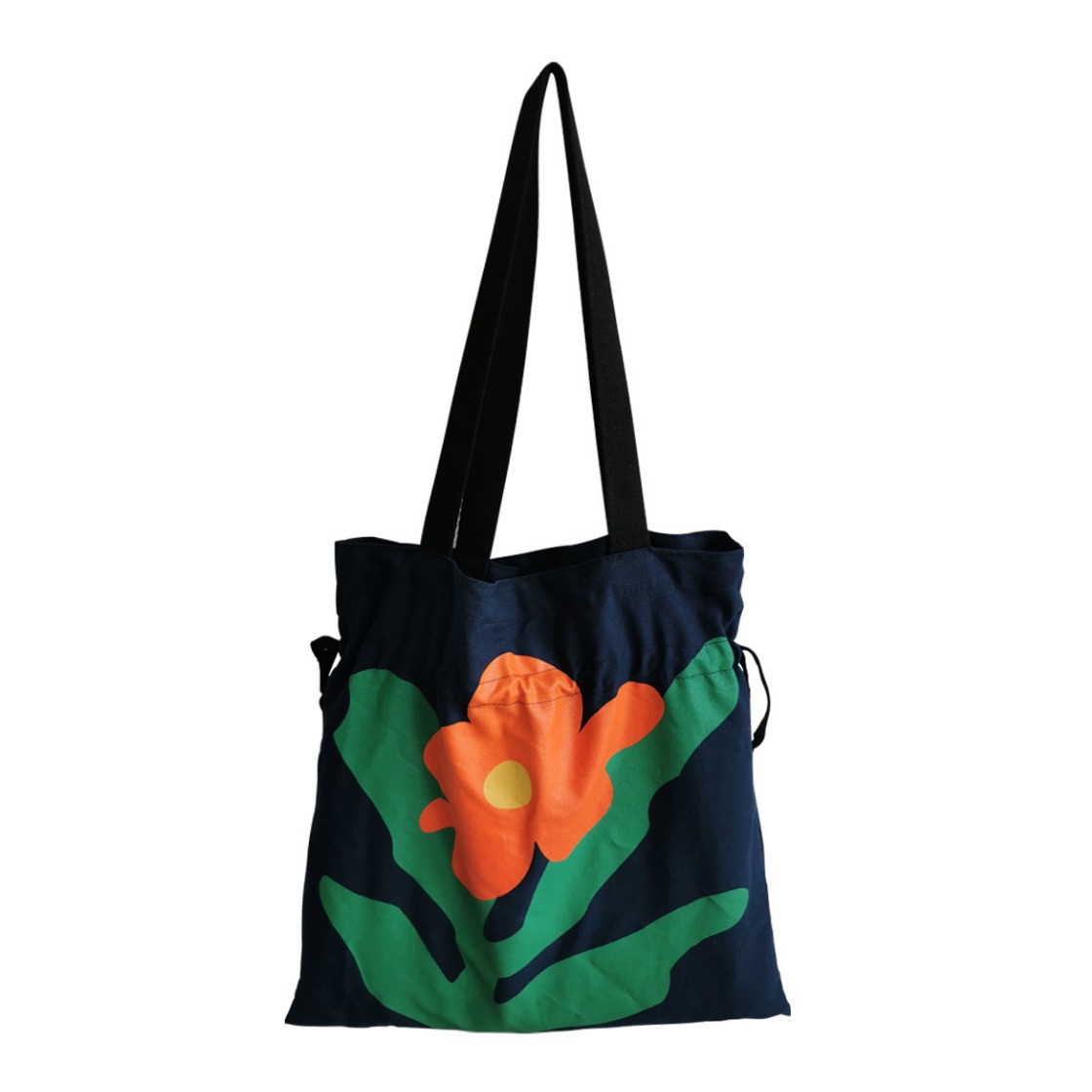 Advanced navy blue canvas creative rose bag, women's drawstring single shoulder tote bag_voghion.com