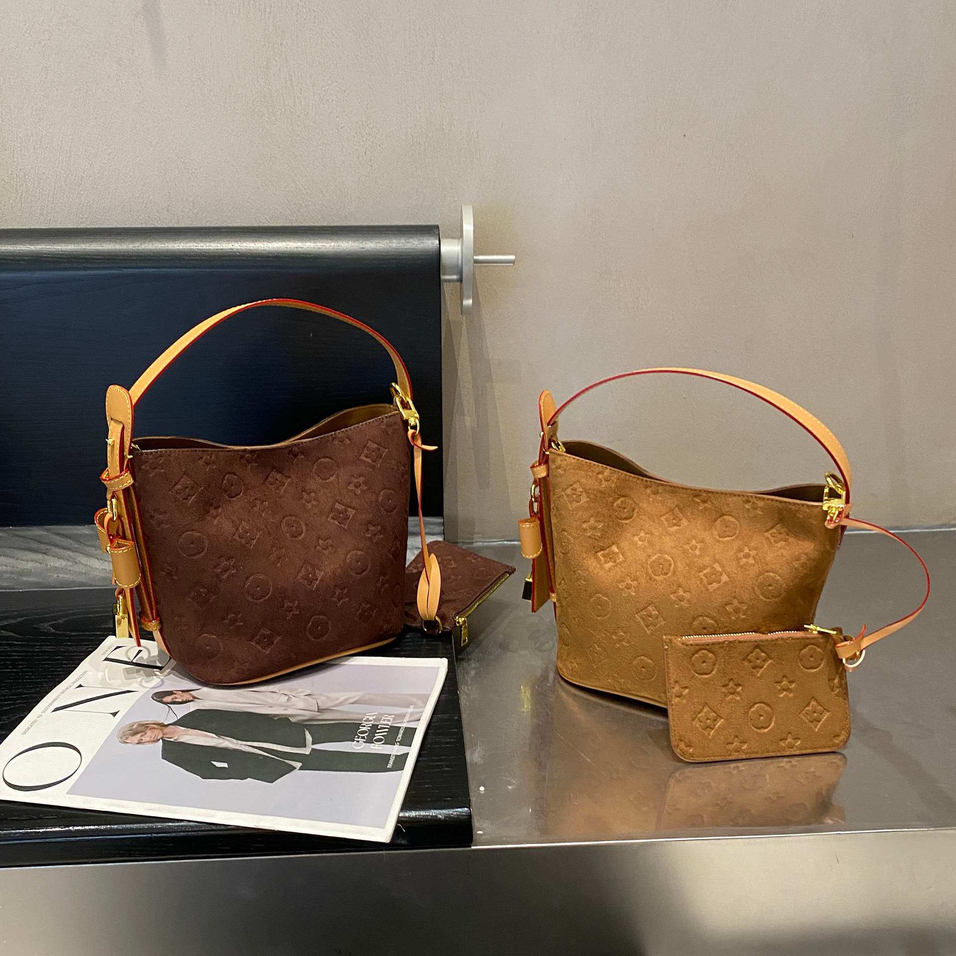 Túi bucket da mờ nữ phong cách thời trang, đeo vai đi làm hằng ngày — Cà phê, màu nâu