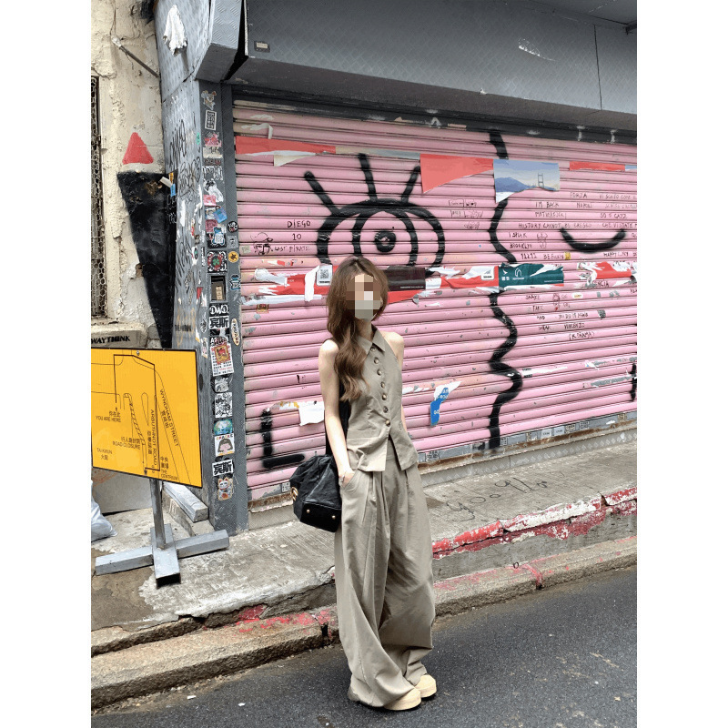 韓国夏痩身怠惰なスーツ肩ノースリーブベストトップ + カジュアルワイドレッグパンツツーピースセット|undefined