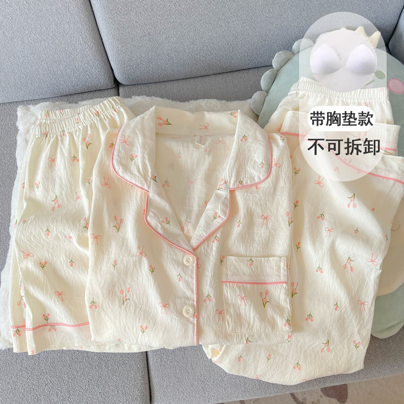 Cloud-Like Pure Cotton Gauze Pajamas with Breast Pads, Women's Short-Sleeved Summer Three-Piece Set, Sweet Floral Cardigan, Home Wear, Spring and Autumn