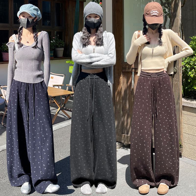 Printed straight-leg cashmere casual pants for women, new winter Korean style loose wide-leg floor-length curved pants Printed straight-leg cashmere casual pants for women, new winter Korean style loose wide-leg floor-length curved pants