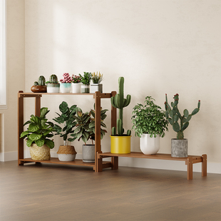 2I Balcony Flower Stand 2024 New Flower Stand Living Room Floor-Standing Wooden Double-Layer Widened Wood Wax Oil Flower Pot Storage