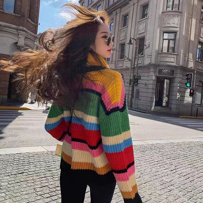 Rainbow Knitted Sweater+Scarf 2024 Autumn/Winter New Loose Stripe Contrast Personalized Women's Outerwear Top_voghion.com