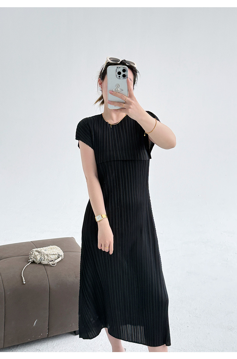 Váy liền xếp ly cổ tròn tay ngắn dáng maxi thắt eo thanh lịch — Màu xanh lam nhạt chi tiết 7
