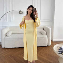 欧美跨境女2025新款时尚性感修身无袖吊带包臀连衣裙长款开衫套装