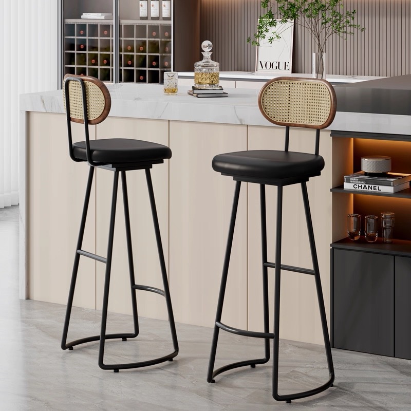 Designer Rattan Bar Chair Nordic Simple Backrest High Stool Leisure Bar Cafe Retro Bar Front Chair