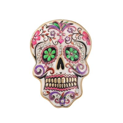 Original Day of the Dead Sugar Skull Brooch with Enamel and Diamond Inlay, Floral Design, Unique Gothic Style, Unisex Suit Decoration Pin (Yaxa sancaqları) - rw0311-pink