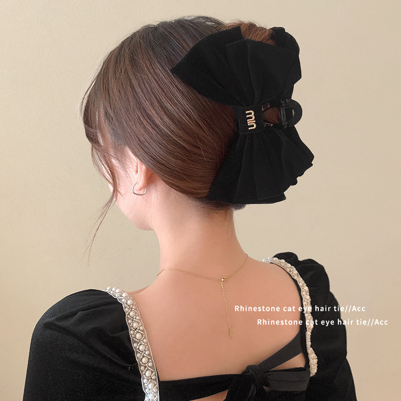 min black velvet double large bow grip clip
