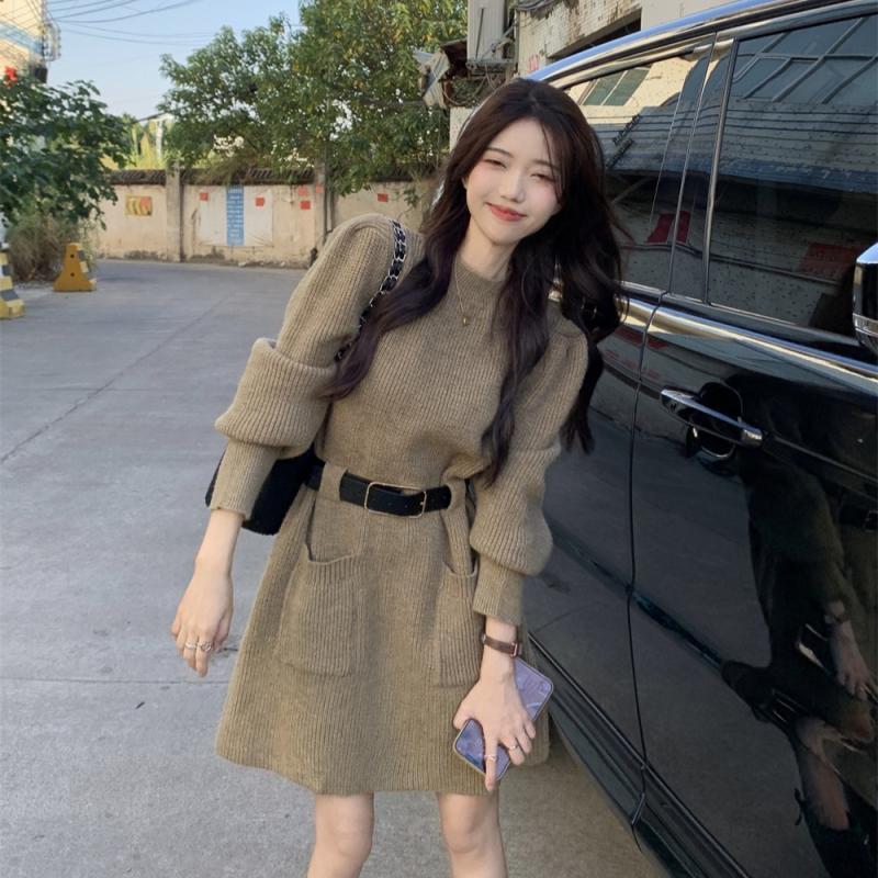 Autumn and Winter Petite Waist-Cinching Trendy Korean-Style Unique Thick Knit Dress Base Sweater Dress