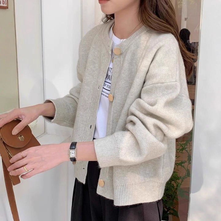 Knitted Cardigan Women's 2025 Autumn and Winter Korean Style Button Elegant Fashion Top Outwear Sweater Lazy Style Round Neck