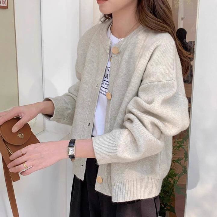 Knitted Cardigan Women's 2025 Autumn and Winter Korean Style Button Elegant Fashion Top Outwear Sweater Lazy Style Round Neck