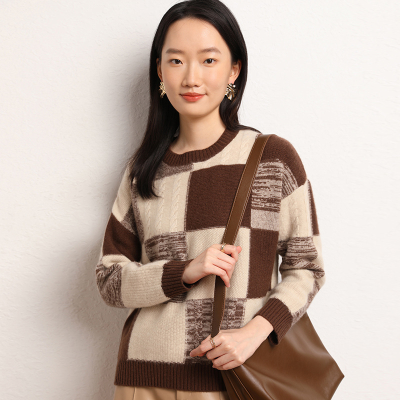 羊绒衫定制女装毛衣套头衫个性拼色毛衣潮流时尚针织衫长袖毛衣女
