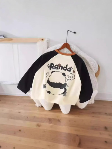 Boys' Spring Top 2025 Long-Sleeve Set-In Shoulder Children's Crew Neck Cartoon Top for Young Children Stylish and Versatile Splicing
