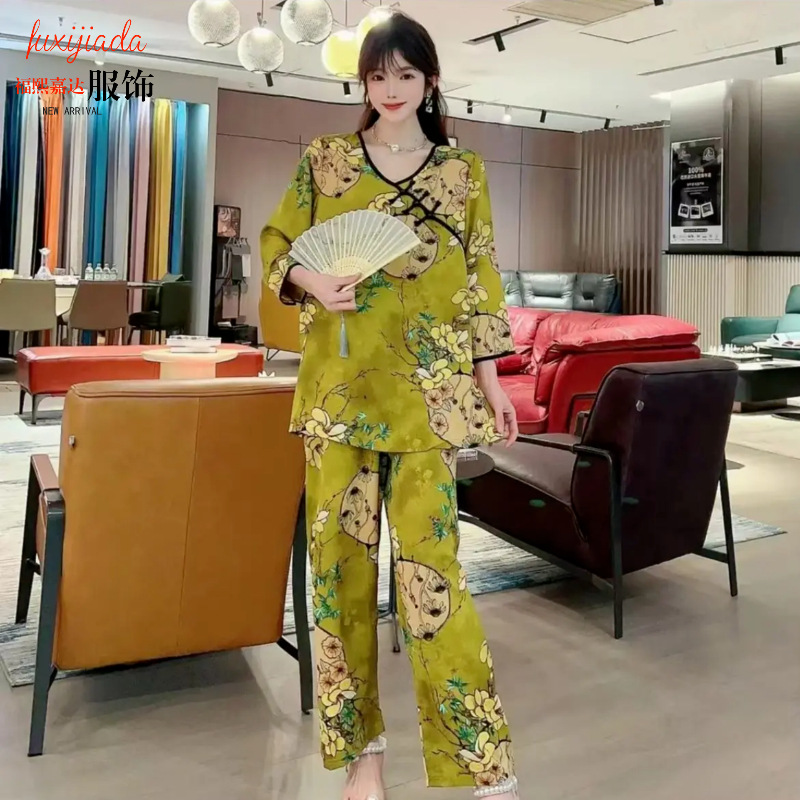 家居服两件套国潮风盘扣时尚V领套头七分袖睡衣女可外穿雪纺面料