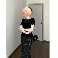 2025新款法式复古气质网纱拼接短袖上衣女夏季波点高腰半身裙套装