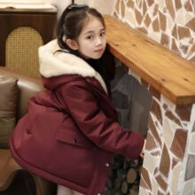 现货女童亲子夹棉银兰貂加绒外套冬款加厚酒红色中长款连帽棉大衣