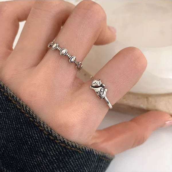 Korean Style Old Lucky Cat Ring for Women 2025 New Fashion Retro Niche Design Open Adjustable Index Finger Ring