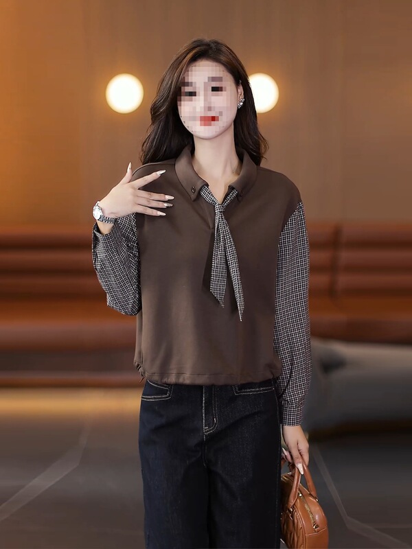 时尚长袖衬衫女2025秋季新款洋气显瘦格子拼接假两件休闲百搭上衣|undefined