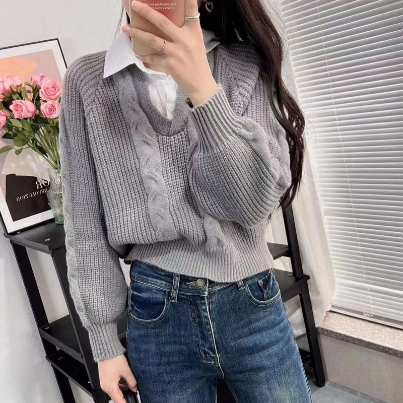 韩系假两件麻花毛衣针织衫女秋季新款设计感套头宽松显瘦外穿上衣|undefined