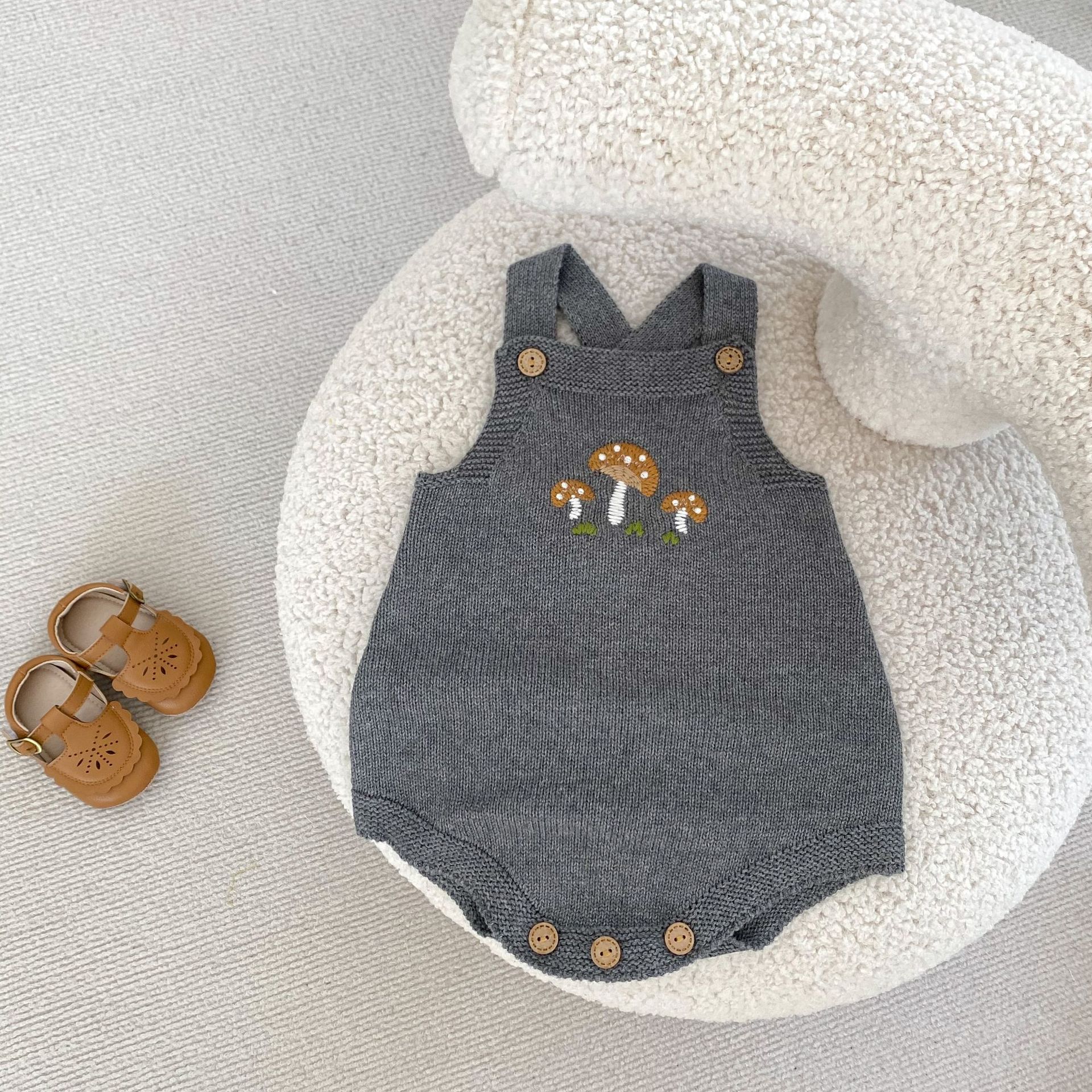 Abbigliamento autunnale 2024 per neonati, bambini piccoli, ragazzi e ragazze, giacca cardigan ricamata con funghi + kaki + ricamata_voghion.com