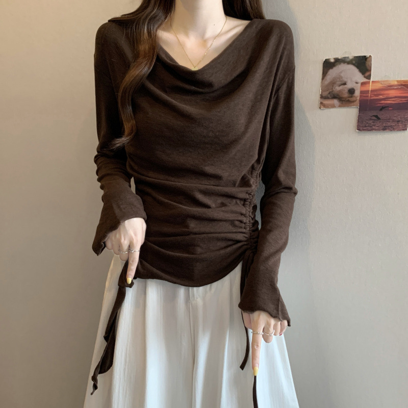 Melard Coffee-Colored Long-Sleeve T-Shirt for Women, Early Autumn 2026, Plus-Size Base Shirt with Irregular Drawstring Top A6943