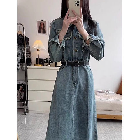 韩系高个子复古牛仔连衣裙潮女春秋新款气质收腰显瘦百搭法式长裙|undefined