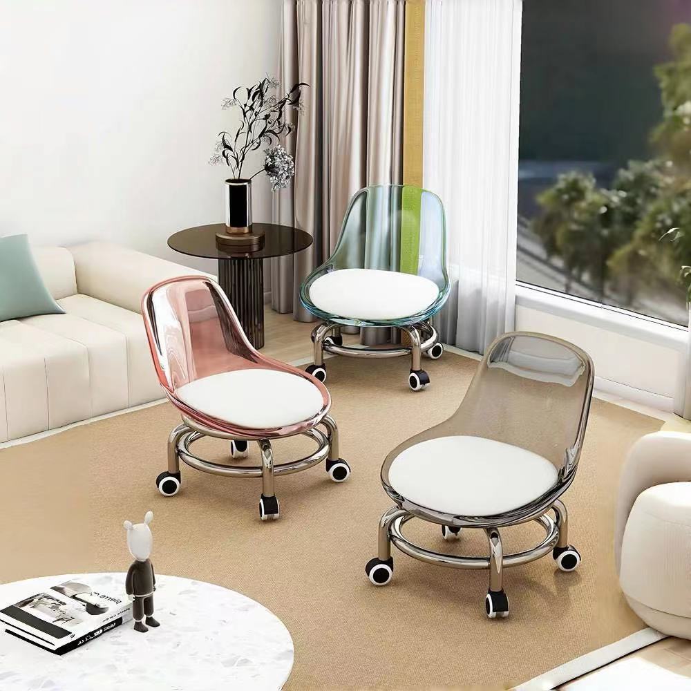 Acrylic Backrest Metal Universal Wheel Small Stool Silent Transparent Chair Living Room Beauty Seam Stool Home Children's Low Stool
