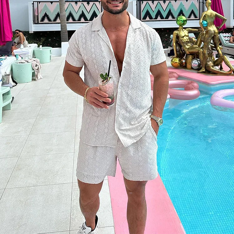 크로스 보더 새로운 남성 패션 캐주얼 단색 세트 3D 인쇄 짧은 소매 셔츠 비치 반바지 2 종 세트