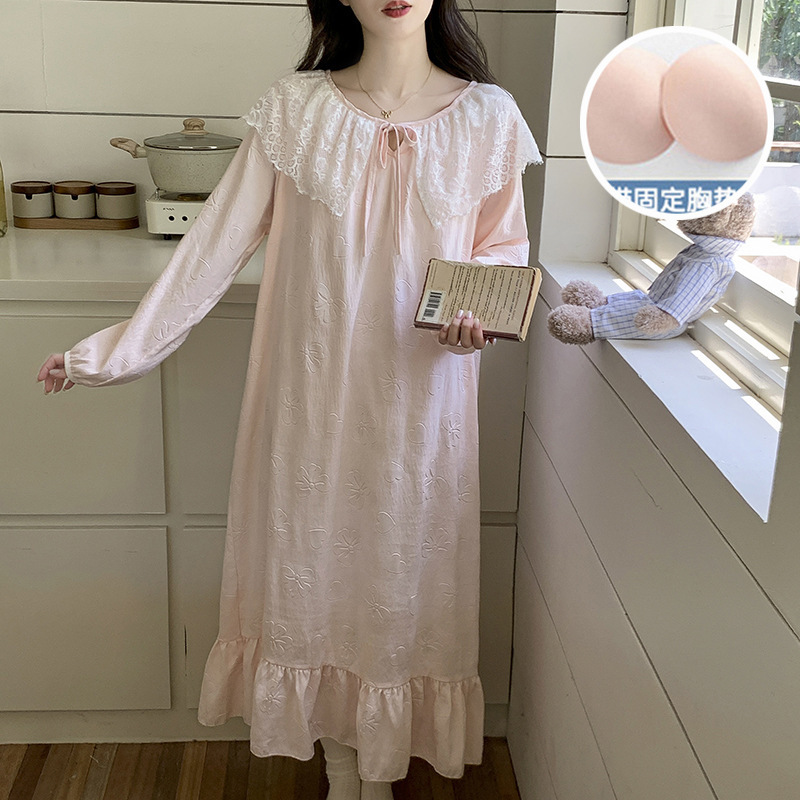云朵棉睡裙女2025新款春秋季甜美长袖睡衣带胸垫一体家居服可外穿|undefined