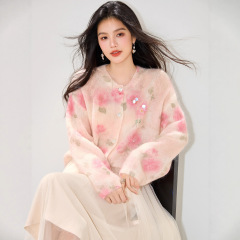 法式浪漫粉色印花海马毛毛衣女2025秋季新款慵懒风软糯圆领开衫潮