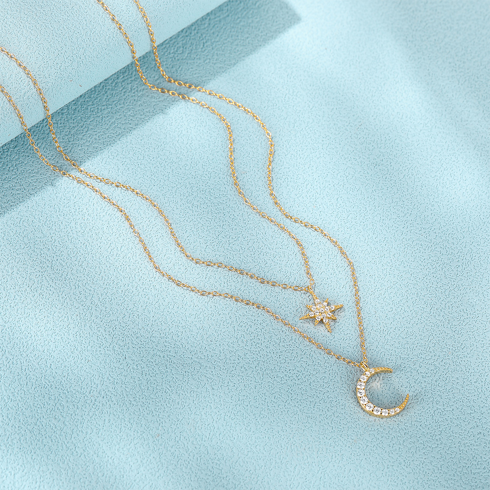 Daily, Street Occasion 925 Sterling Silver Zircon Cable Chain Plating Inlay Star Moon Double Layer Necklaces