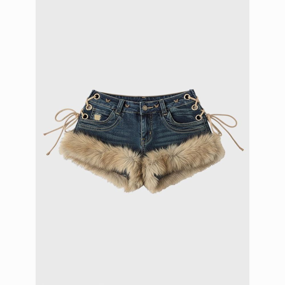 Low-Rise Denim Shorts For Women, Y2K Vintage Frayed Hem Distressed Shorts With Faux Fur Accent, High-Waist Contrast Styling_ecoleips.com