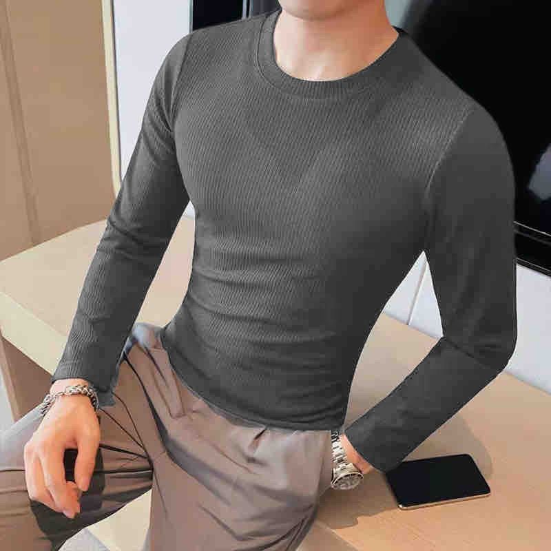 Cross-border autumn and winter double-sided German fleece round neck base shirt casual T-shirt brushed warm long sleeve men's slim fit tight body