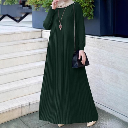 Women's Muslim Arabic temperament elegant pleated skirt solid color simple round neck long-sleeved wrinkled loose dress