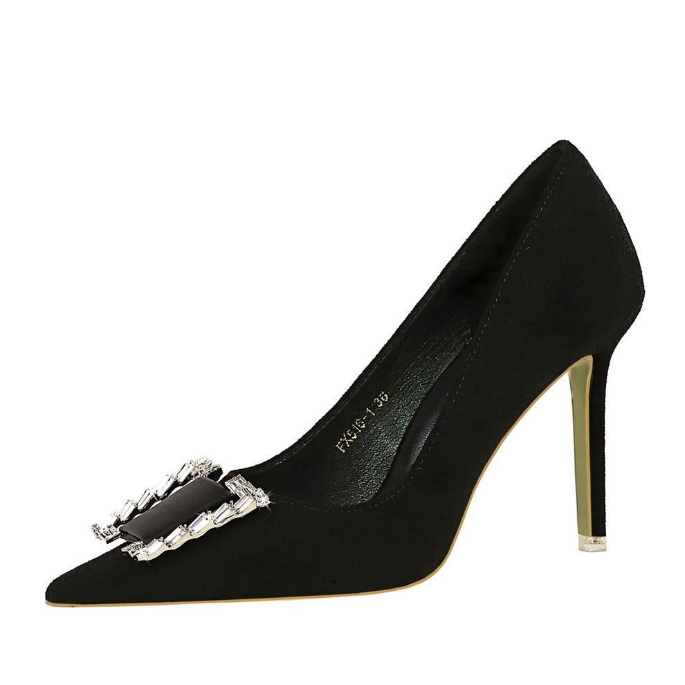 516-K73 European And American Spring/Autumn Party High Heels, Thin Heel, Suede, Shallow Mouth, Pointed Toe, Metal_vogvips.com