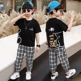 儿童夏装新款洋气男童夏天防蚊裤两件套潮中大童夏季短袖套装帅气