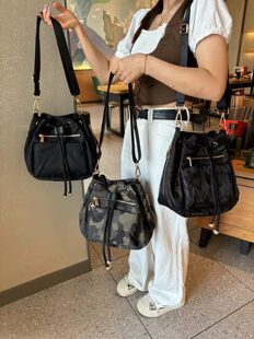 Capacious nylon camouflage shoulder bag one shoulder, bucket, Hong Kong, drawstring