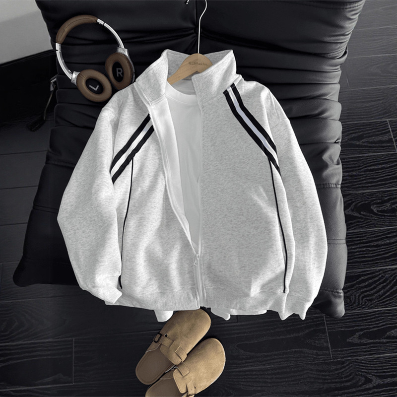 White Floral Gray Stand Collar Cardigan Sweatshirt Men's Autumn American Striped Patchwork Sports Jacket Cleanfit Short Coat