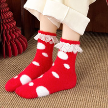 波點蕾絲花邊襪子女大紅色新年禮盒襪本命年龍年仿貂絨加厚保暖襪