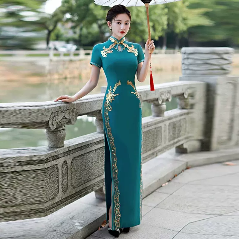 舞台走秀旗袍长款中式改良立领短袖礼服裙舞台年会主持人气质长裙