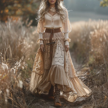 跨境欧美复古V领蕾丝女式长袖长裙田园风休闲大摆连衣裙