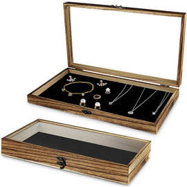 复古木质首饰盒透明翻盖项链手链耳钉首饰勋章展示盒珠宝收藏盒